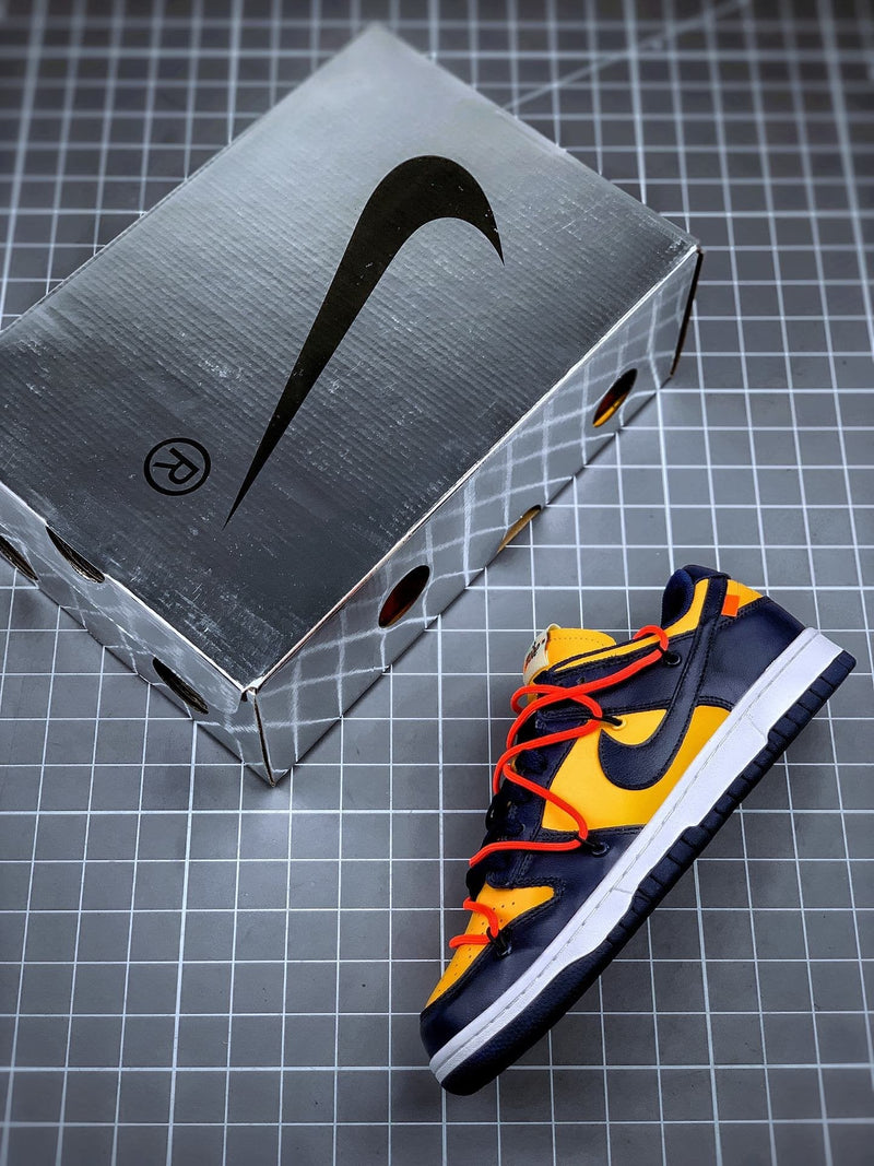 Tênis Nike SB Dunk Low x Off-White University Gold Midnight Navy - Rei da Pelada