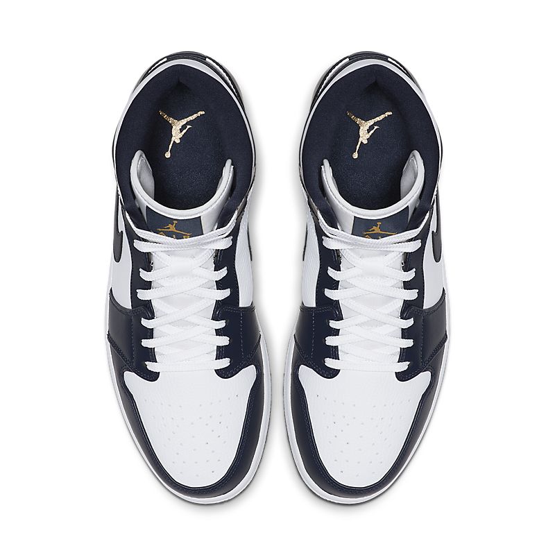 Tênis Nike Air Jordan 1 Mid White Metallic Gold Obsidian - Rei da Pelada