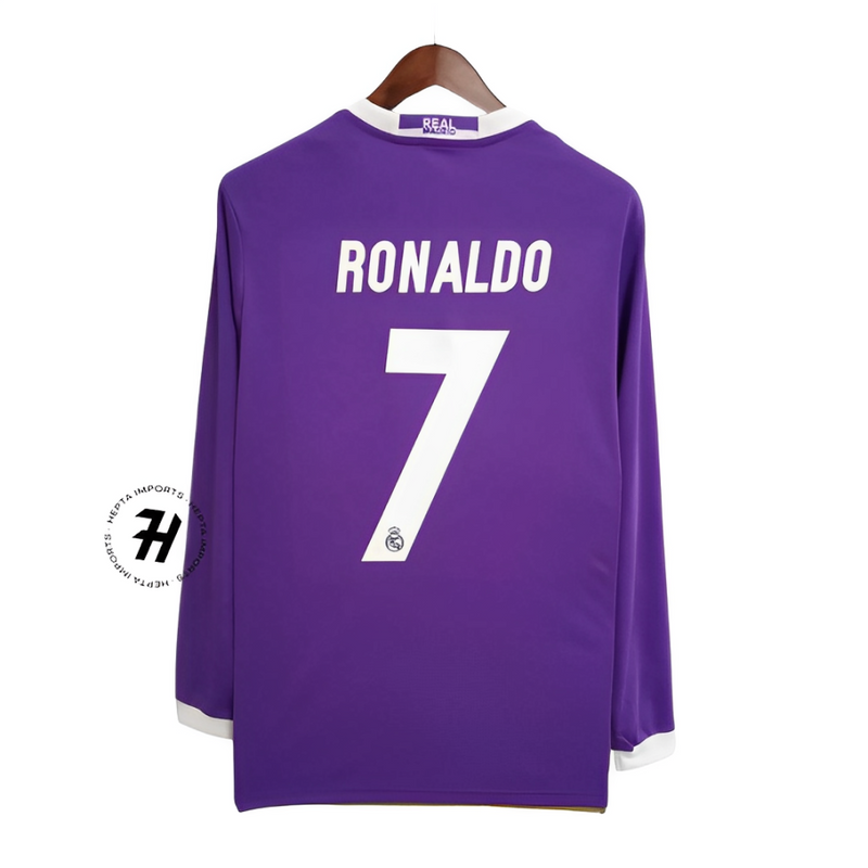 Camisa Retrô Manga Longa Real Madrid Away 16/17 - RONALDO 7 - Masculina Roxa