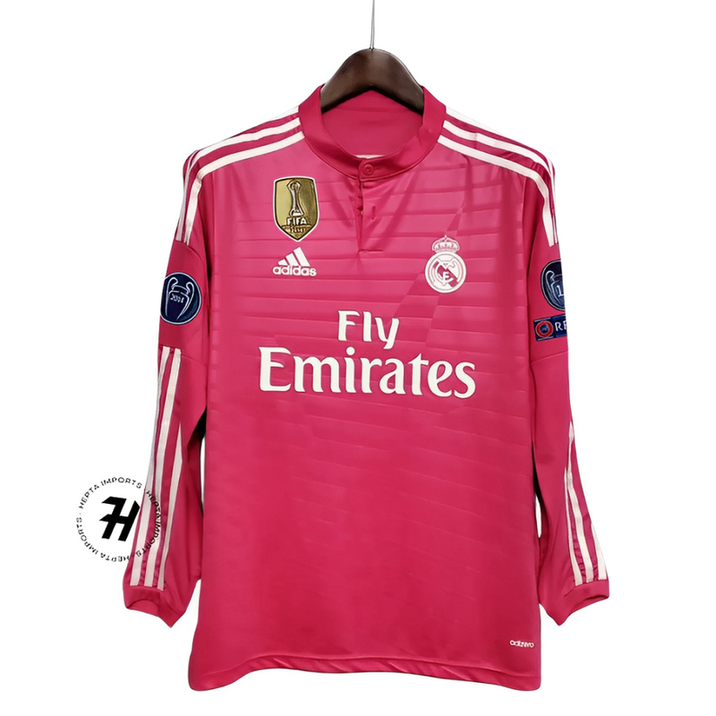 Camisa Retrô Manga Longa Real Madrid 14/15 - RONALDO 7 - Todos os patchs - Rosa