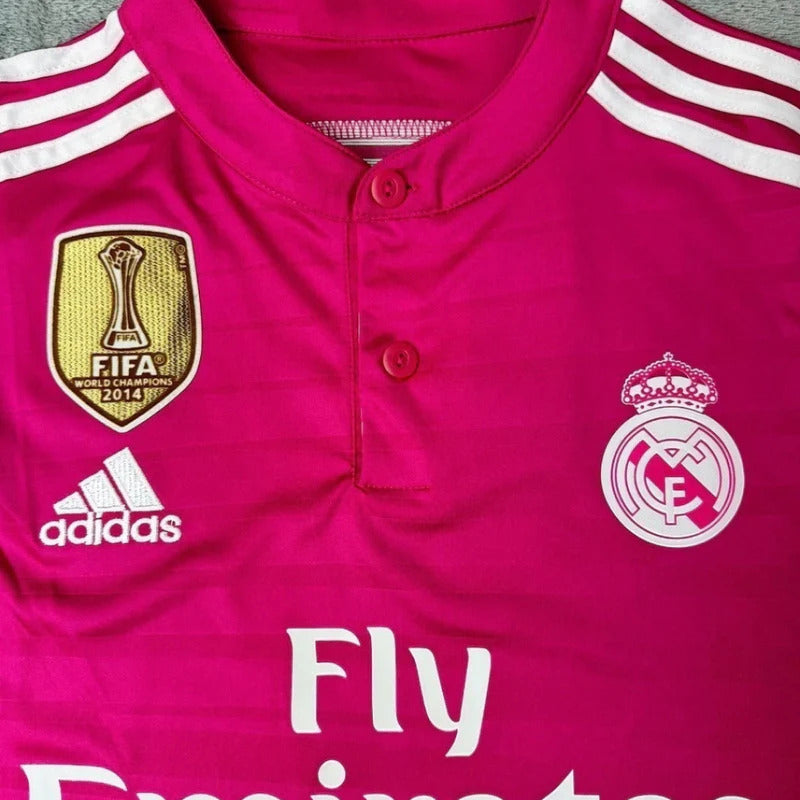 Camisa Retrô Manga Longa Real Madrid 14/15 - RONALDO 7 - Todos os patchs - Rosa